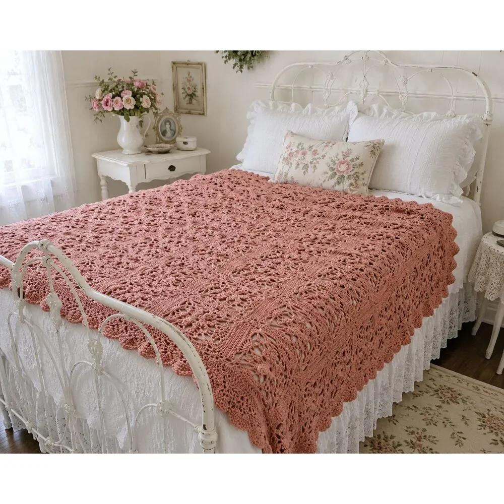Vintage Style Handmade Crochet Blanket Pink Floral Medallion Cottagecore 64x80